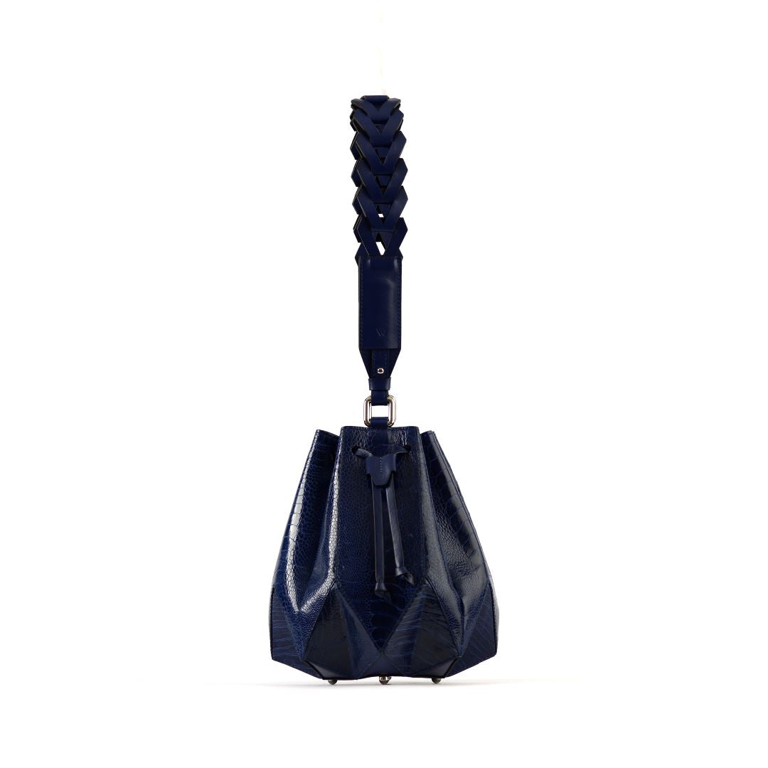 Blue Venutti Ostrich Leather Bucket Bag