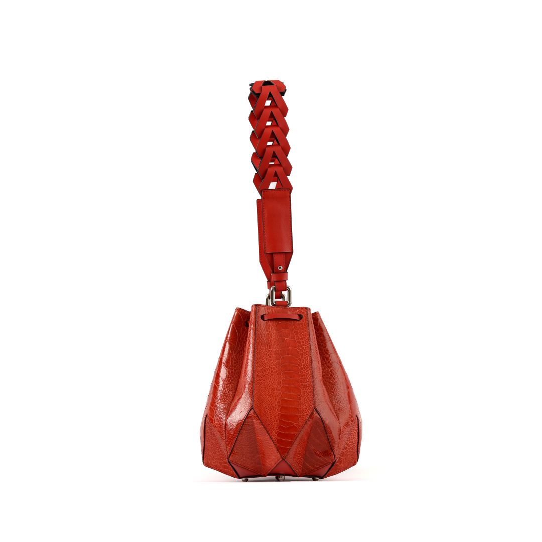 Red Venutti Ostrich Leather Bucket Bag