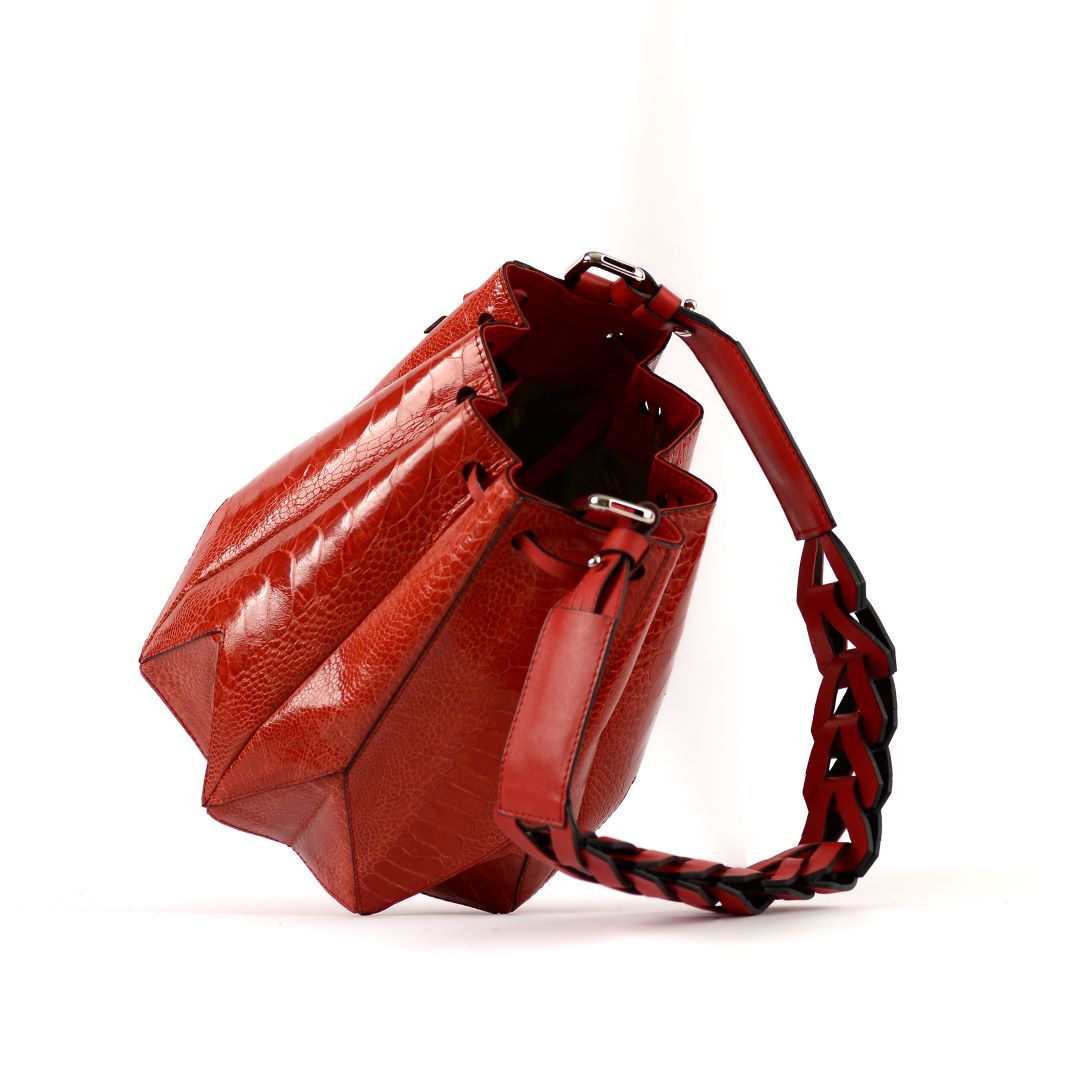 Red Venutti Ostrich Leather Bucket Bag
