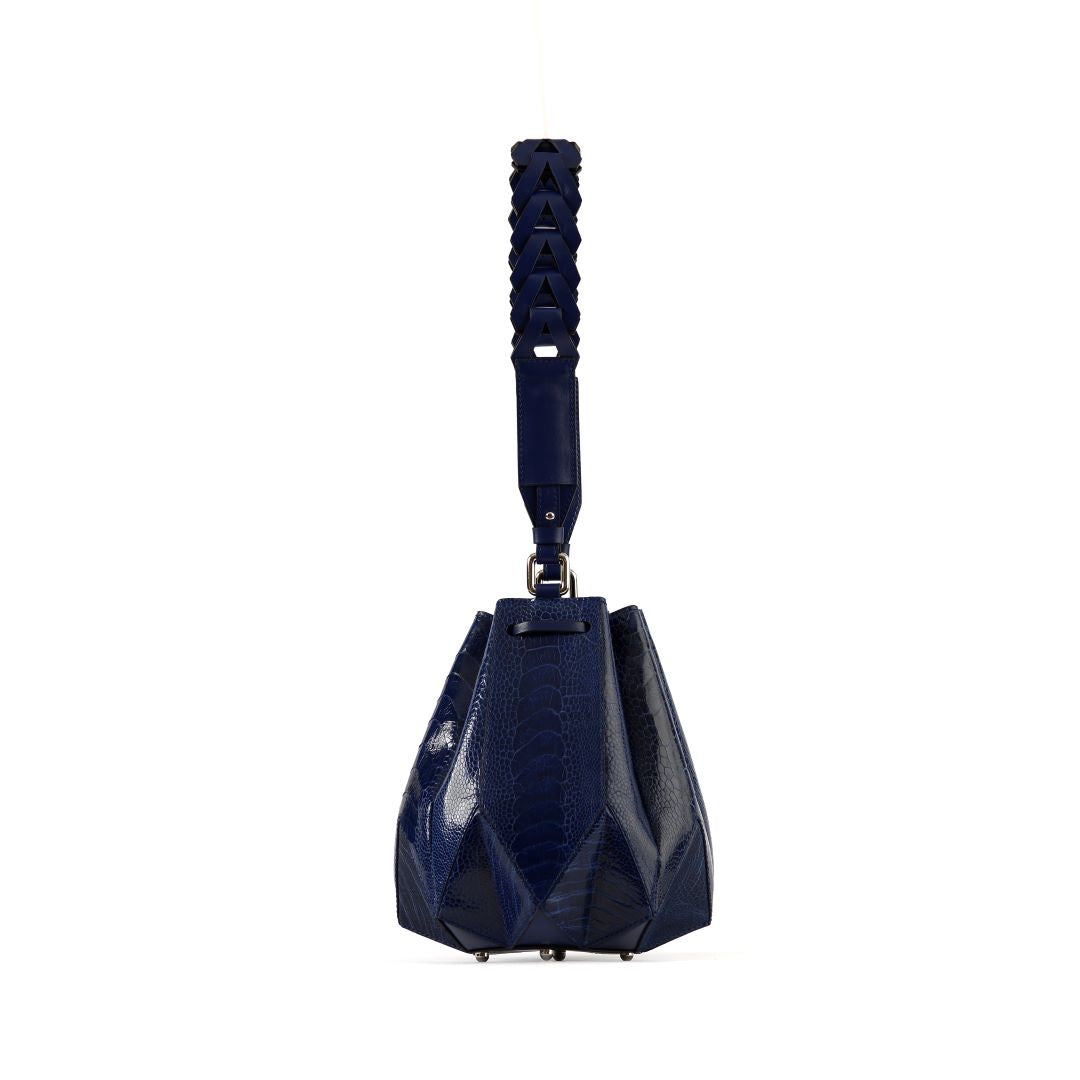Blue Venutti Ostrich Leather Bucket Bag