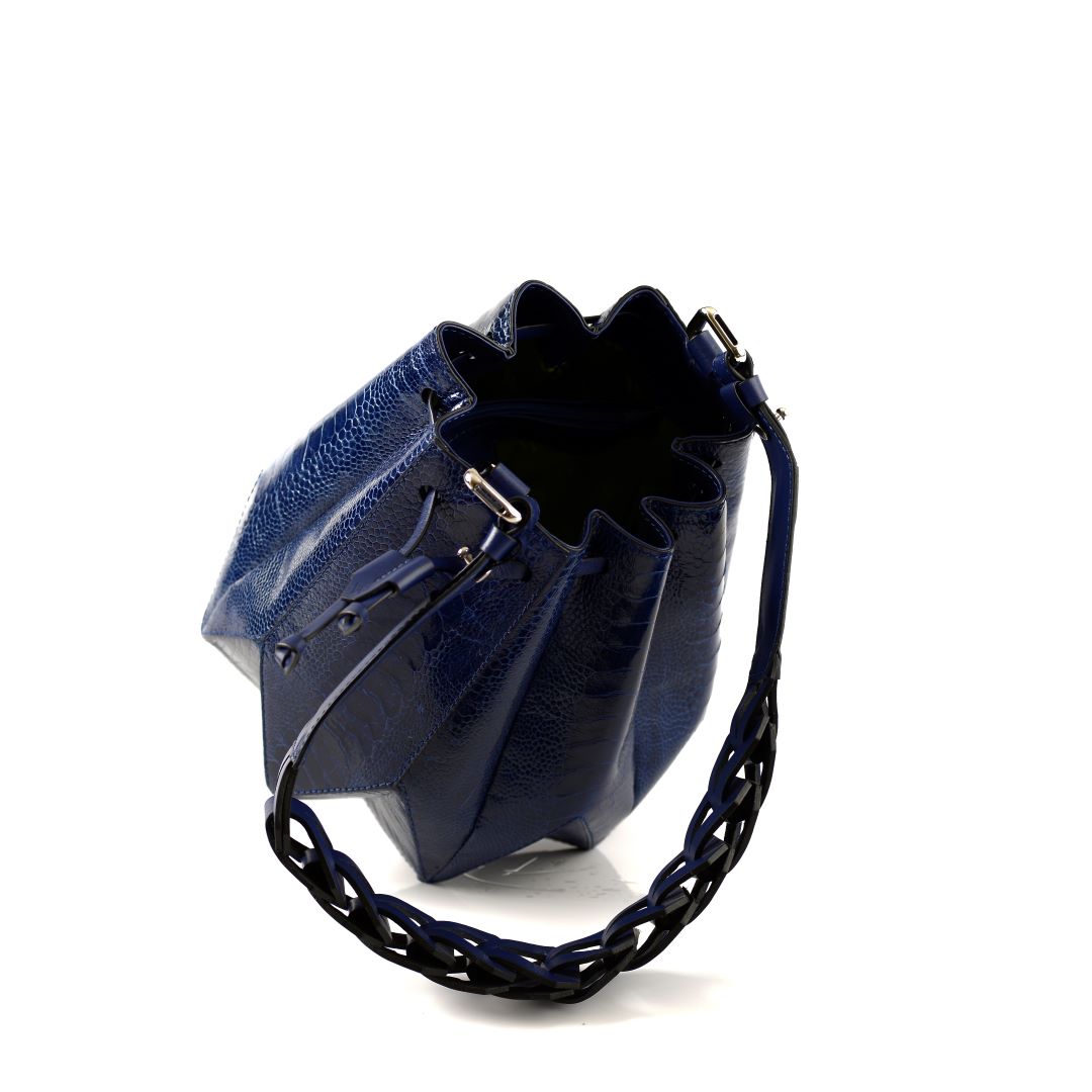 Blue Venutti Ostrich Leather Bucket Bag