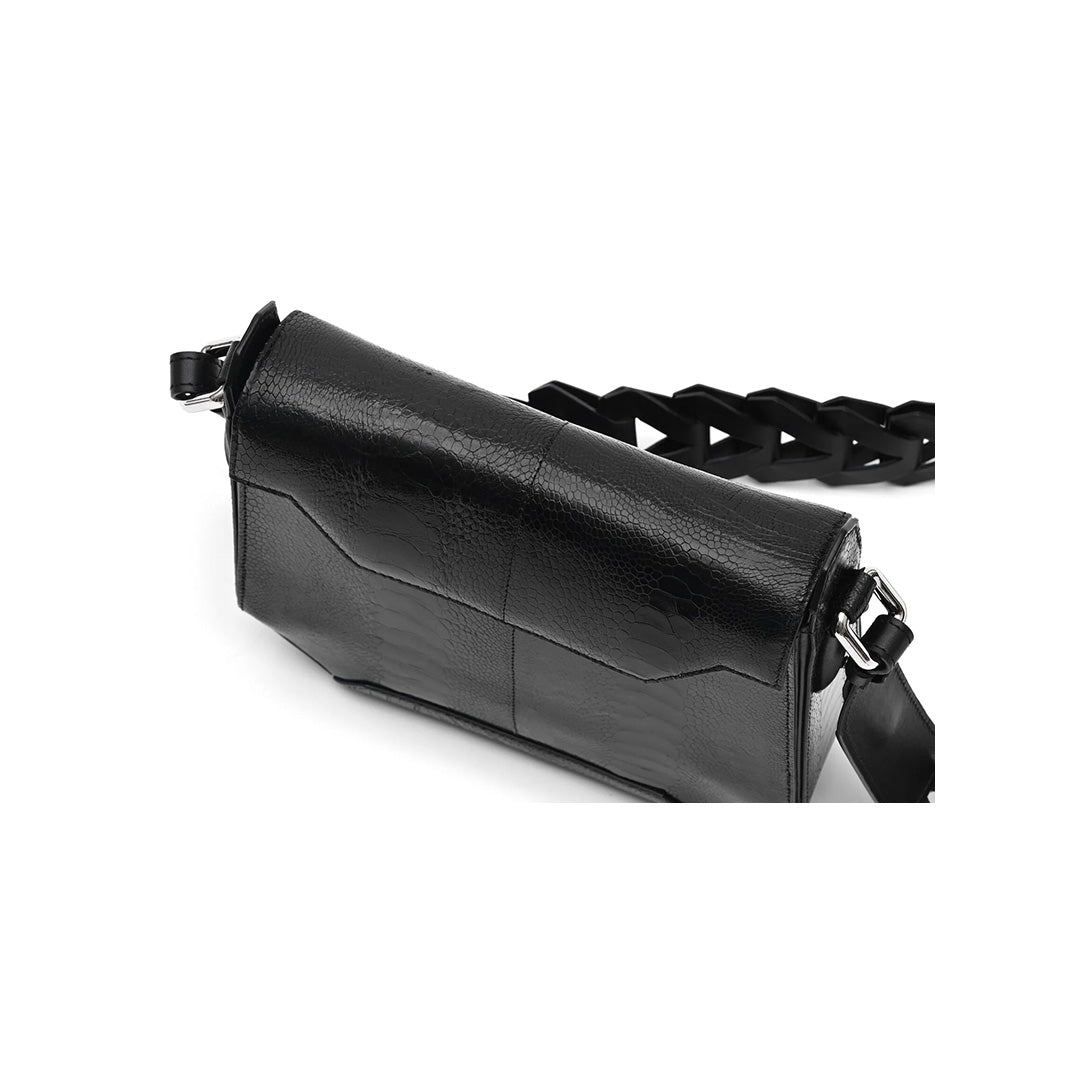 Black Lia Ostrich Leather Shoulder Bag