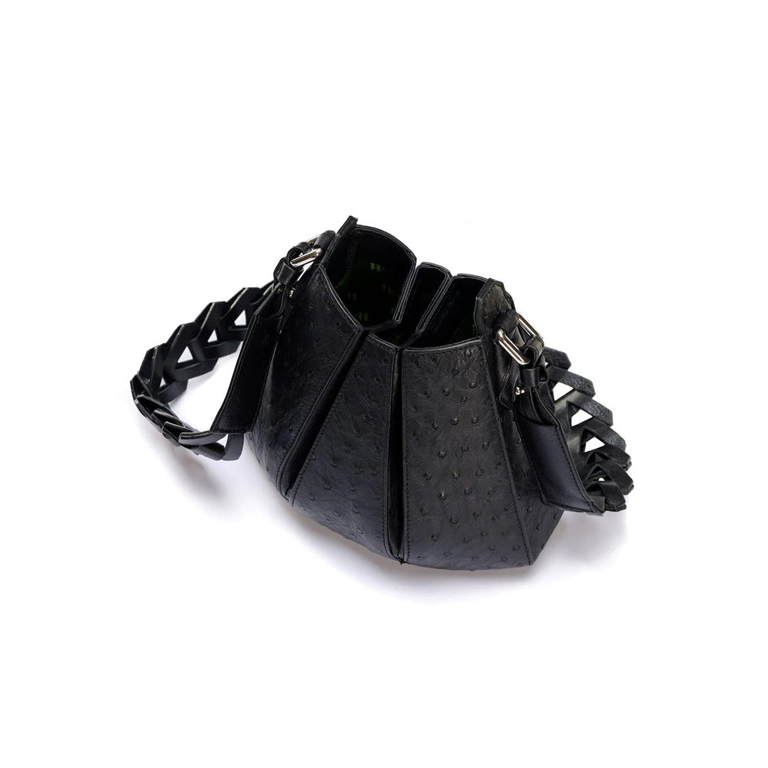 Black Luna Ostrich Quill Leather Shoulder Bag