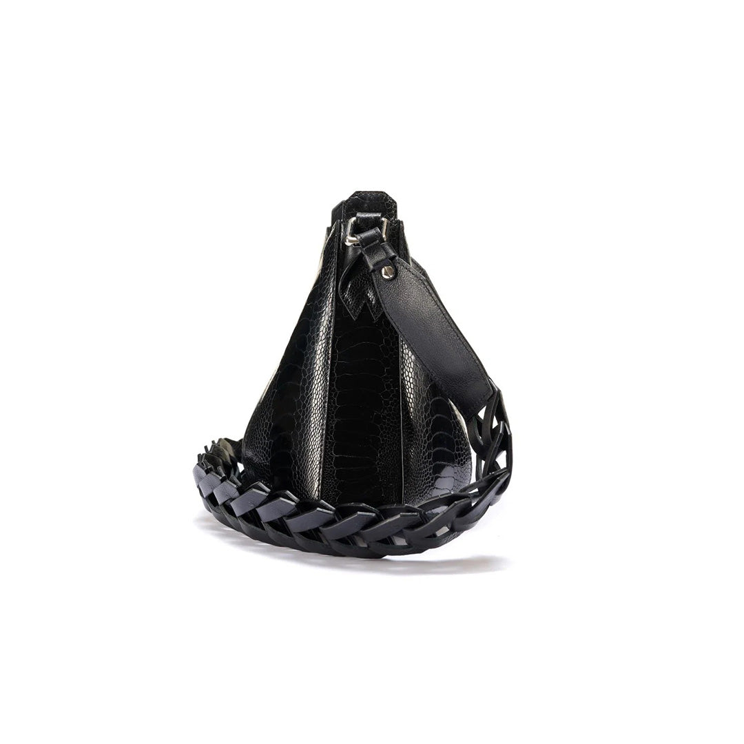 Black Luna Ostrich Leg Leather Shoulder Bag