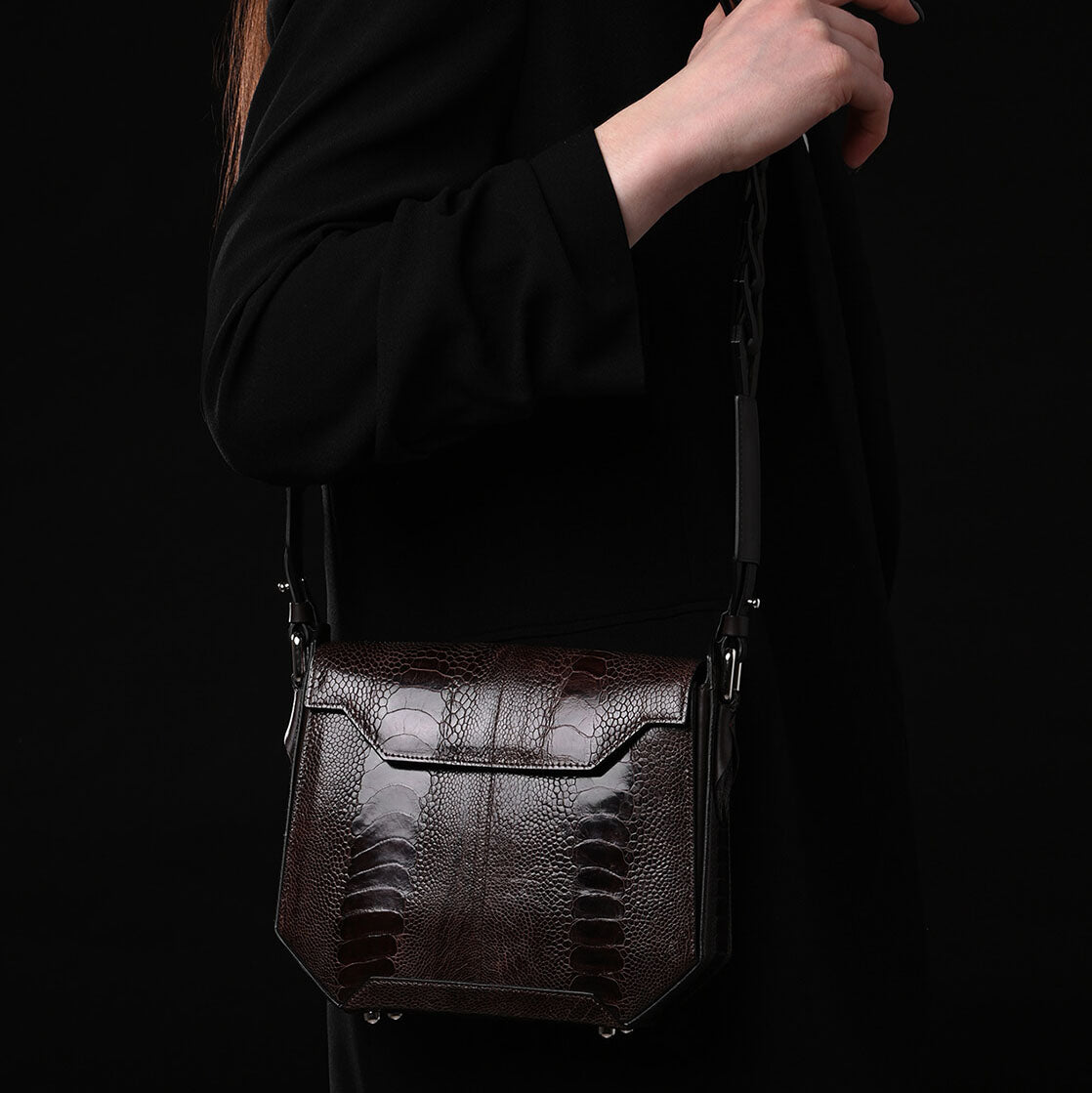 Dark Brown Lia Ostrich Leather Shoulder Bag