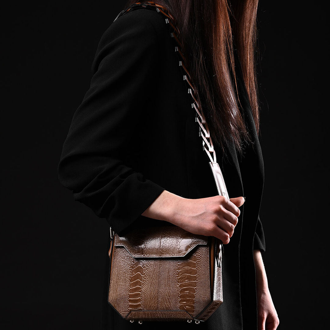 Brown Lia Ostrich Leather Shoulder Bag