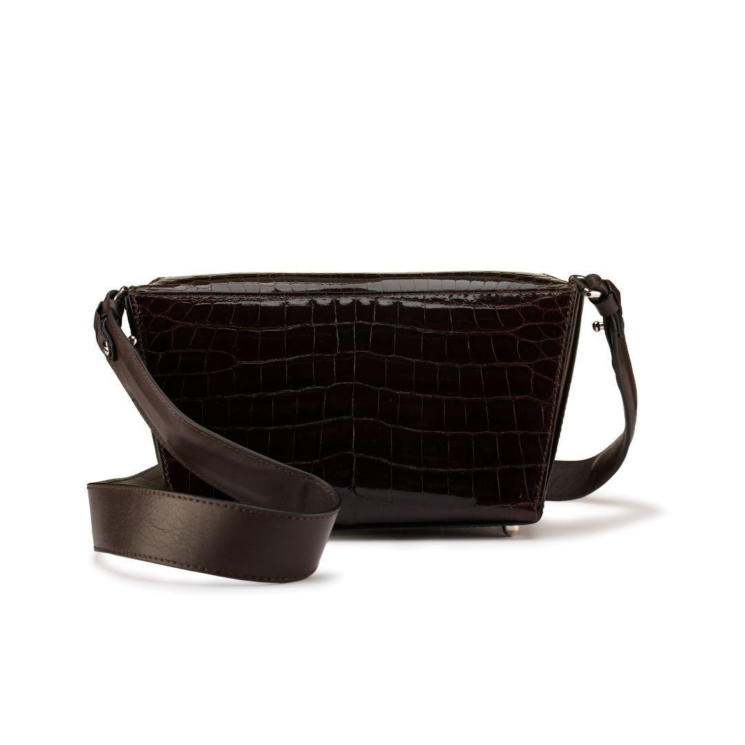 Lottie - Dark Brown Crocodile Leather Crossbody Bag - Brown 2