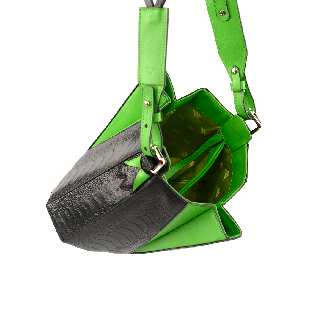 Black Luna Limited Edition Ostrich Leather Shoulder Bag with Green Gussets