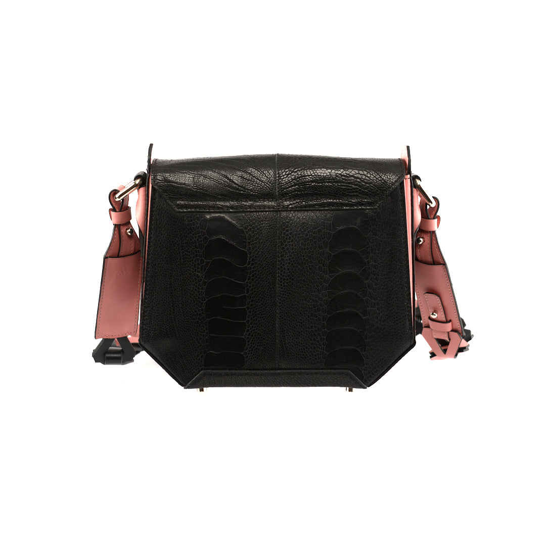Black Lia Limited Edition Ostrich Leather Shoulder Bag with Light Pink Gussets