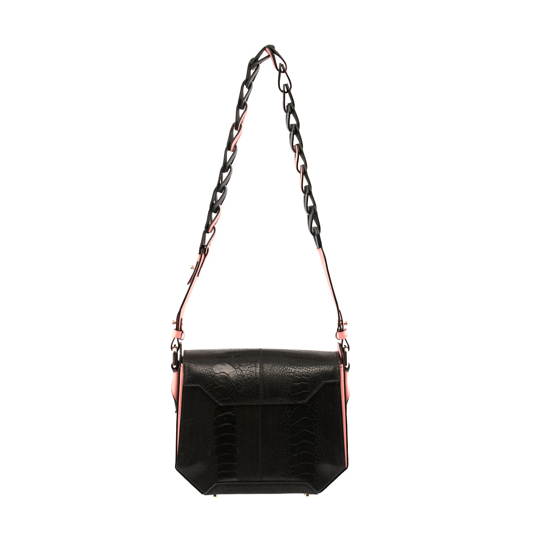 Black Lia Limited Edition Ostrich Leather Shoulder Bag with Light Pink Gussets