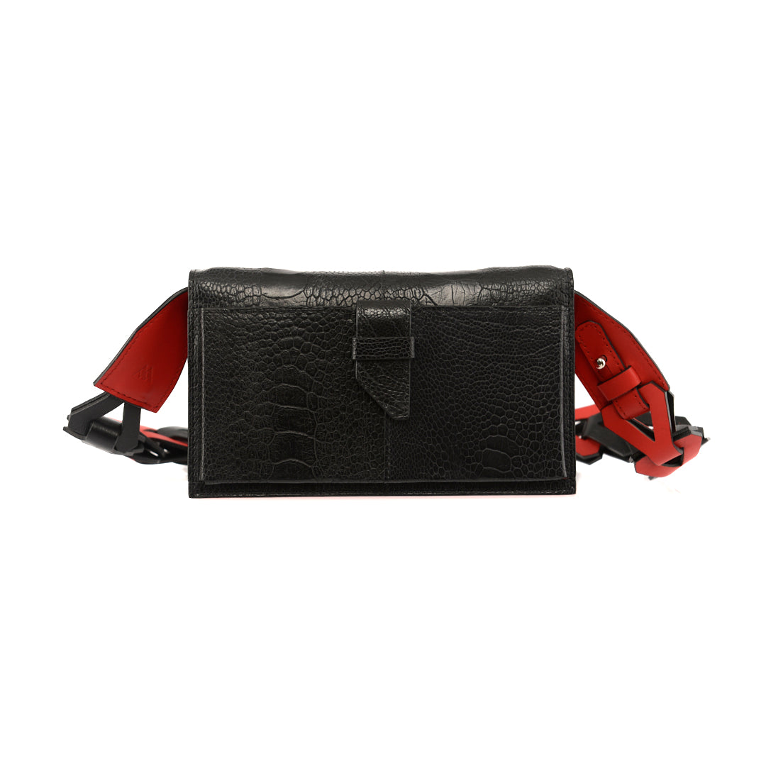 Black Georgia Limited Edition Ostrich Leather Clutch Bag with Red Gussets