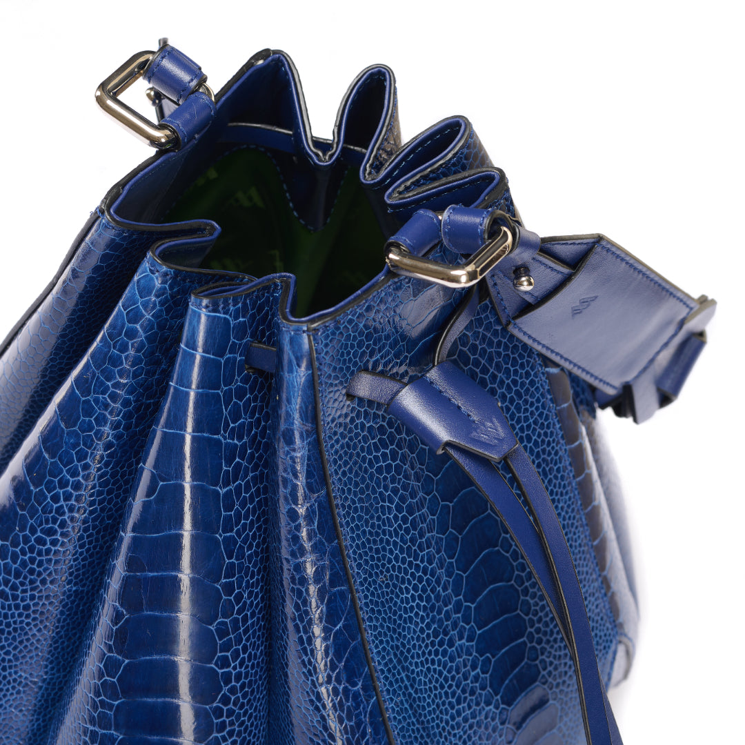 Blue Venus Ostrich Leather Bucket Bag