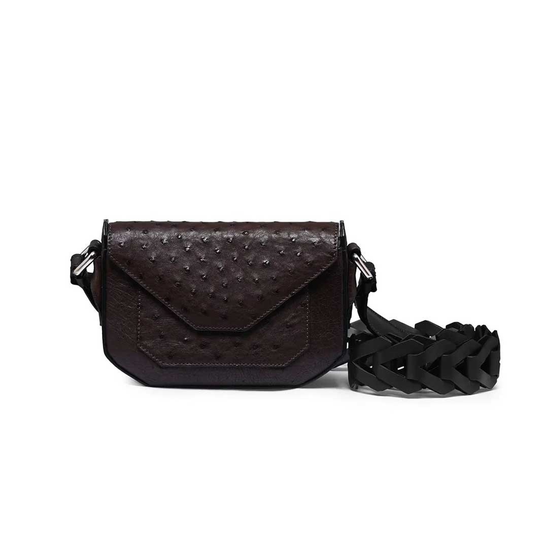 Dark Brown Lee Ostrich Leather Shoulder Bag