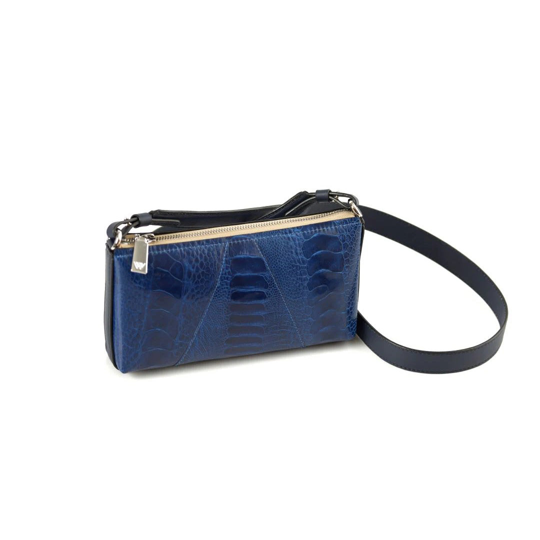 Los Angeles — Blue African Ostrich Leg Leather Crossbody Purse with Adjustable Strap