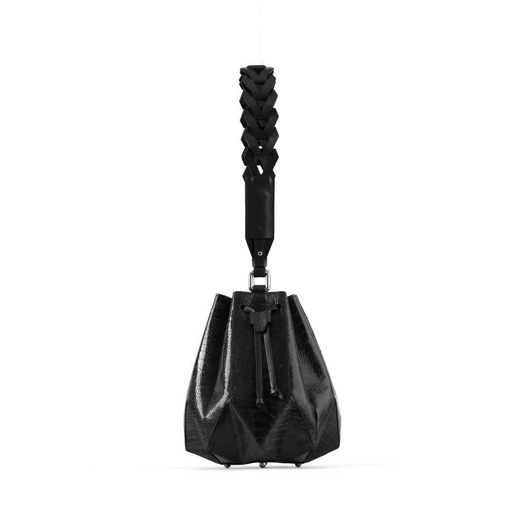 Venutti — Black African Ostrich Leather Bucket Bag