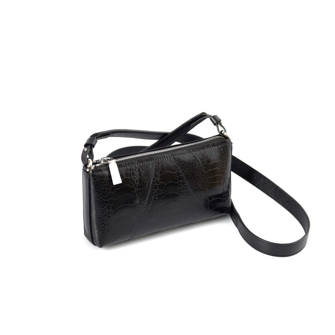 Los Angeles — Black African Ostrich Leg Leather Crossbody Purse with Adjustable Strap