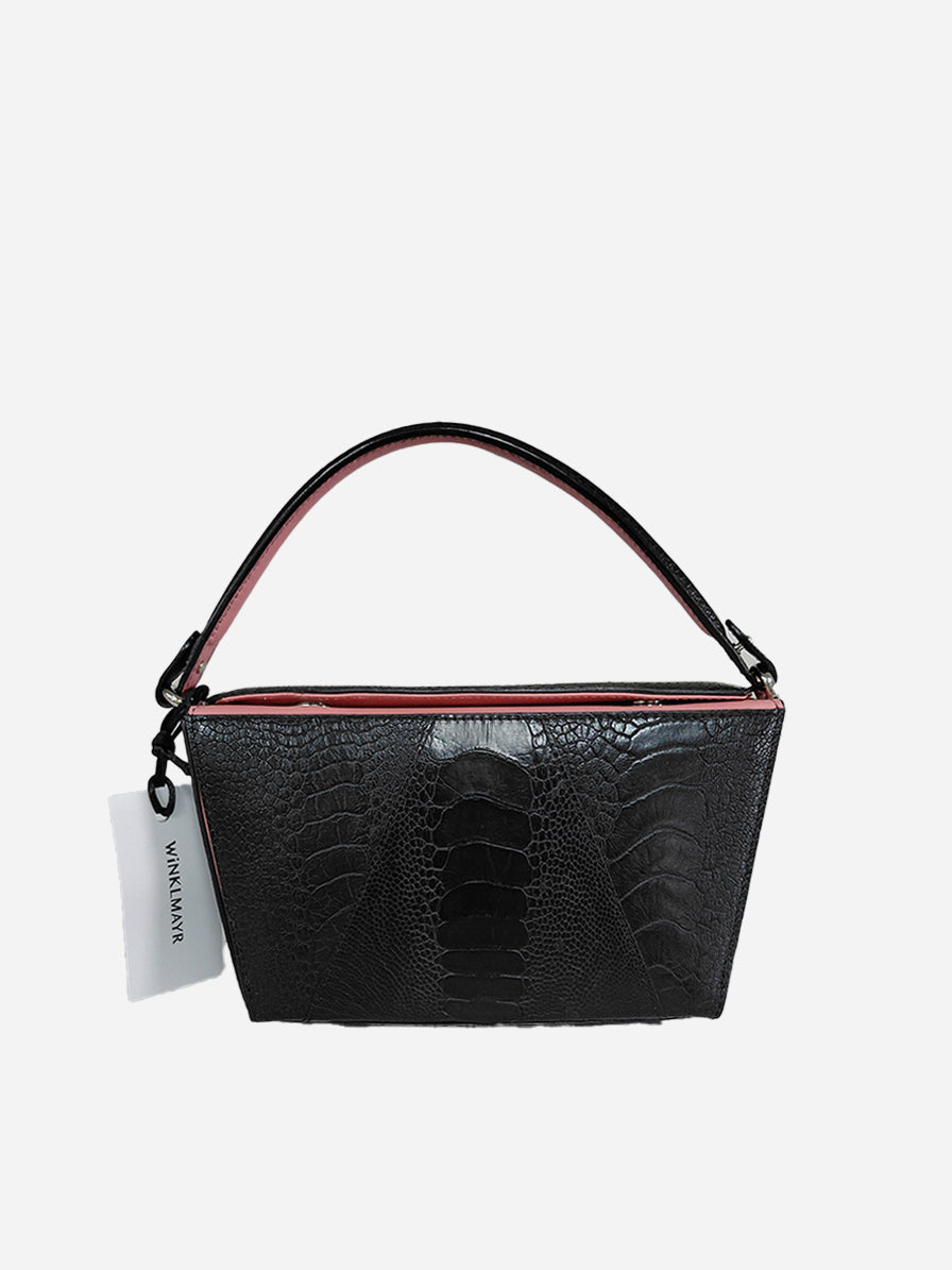 Lottie - Black with Pink African Ostrich Leg Leather Crossbody Bag