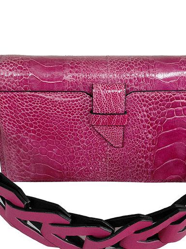 Georgia — Pink African Ostrich Leg Leather Clutch Bag with Removable Link Strap