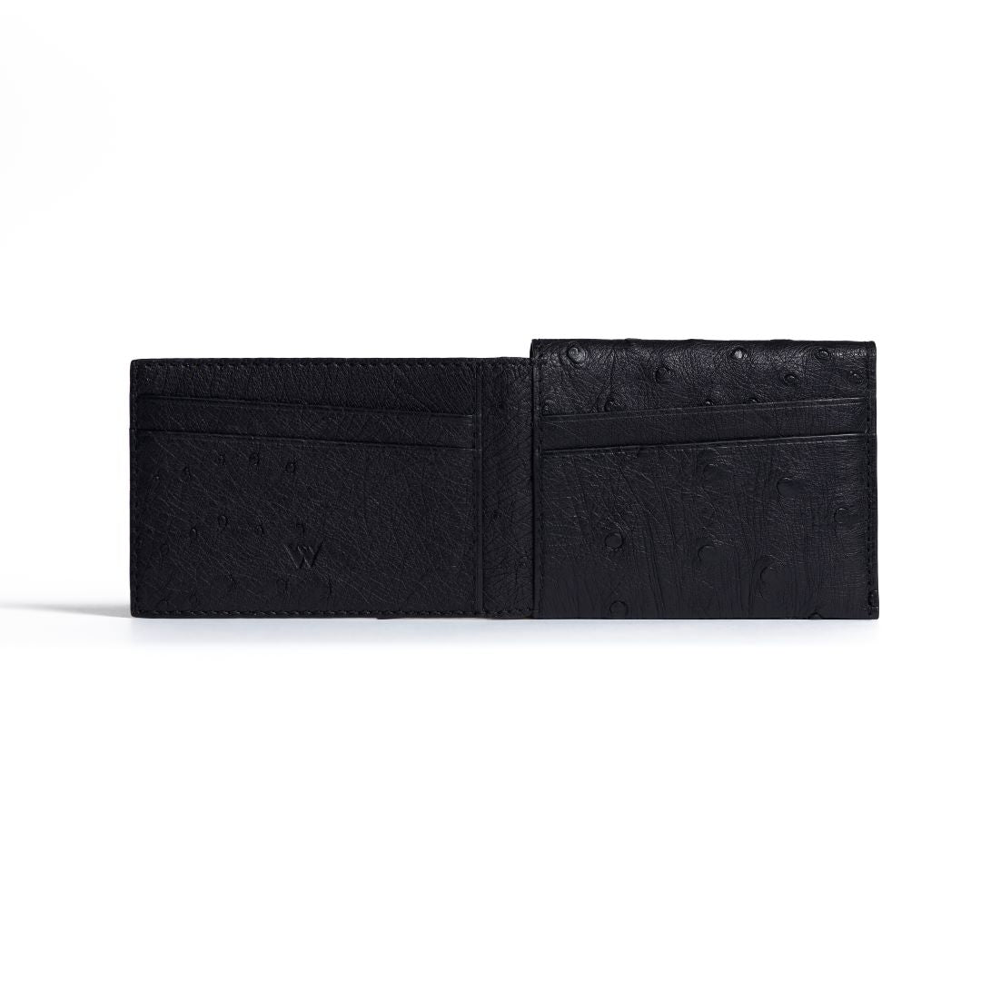 Montana — Black African Ostrich Quill Leather Trifold Wallet with RFID