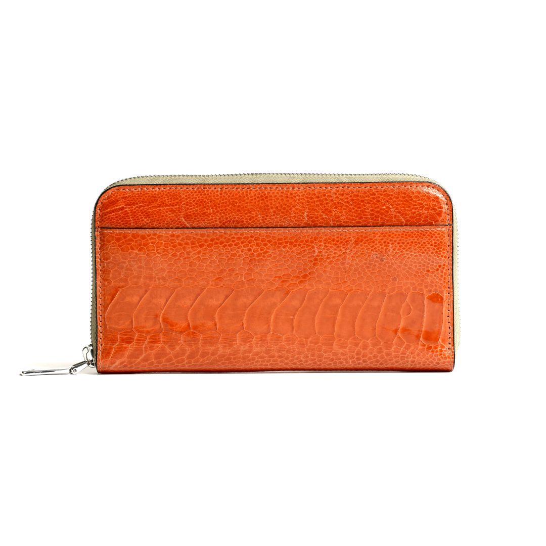 Virginia — Orange African Ostrich Leg Leather Long Wallet Purse