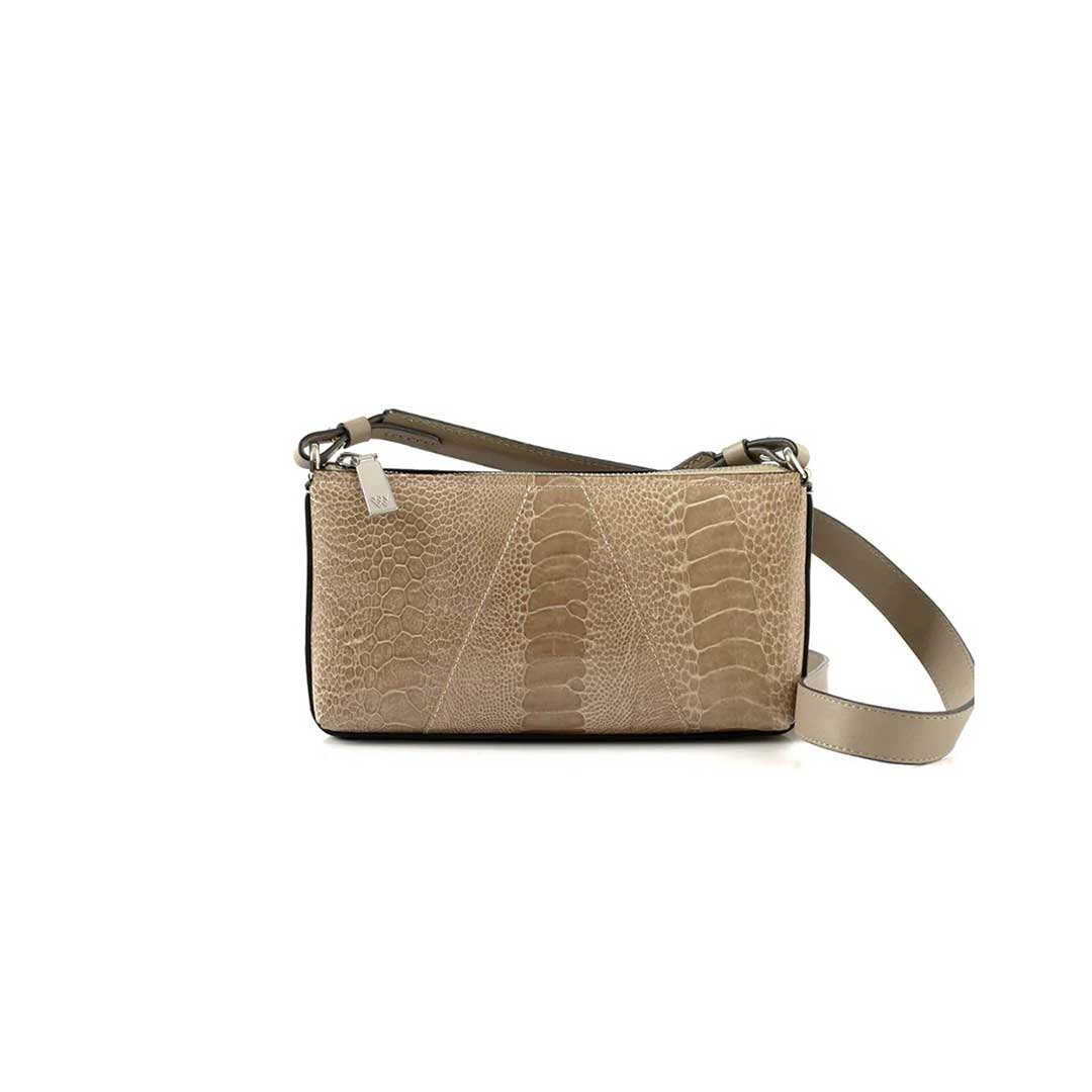 Los Angeles — Beige African Ostrich Leg Leather Crossbody Purse with Adjustable Strap