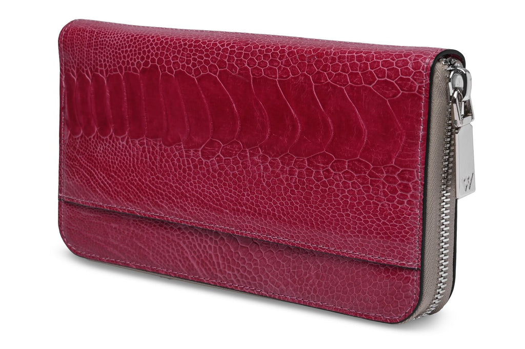 Virginia — Red African Ostrich Leg Leather Long Wallet Purse