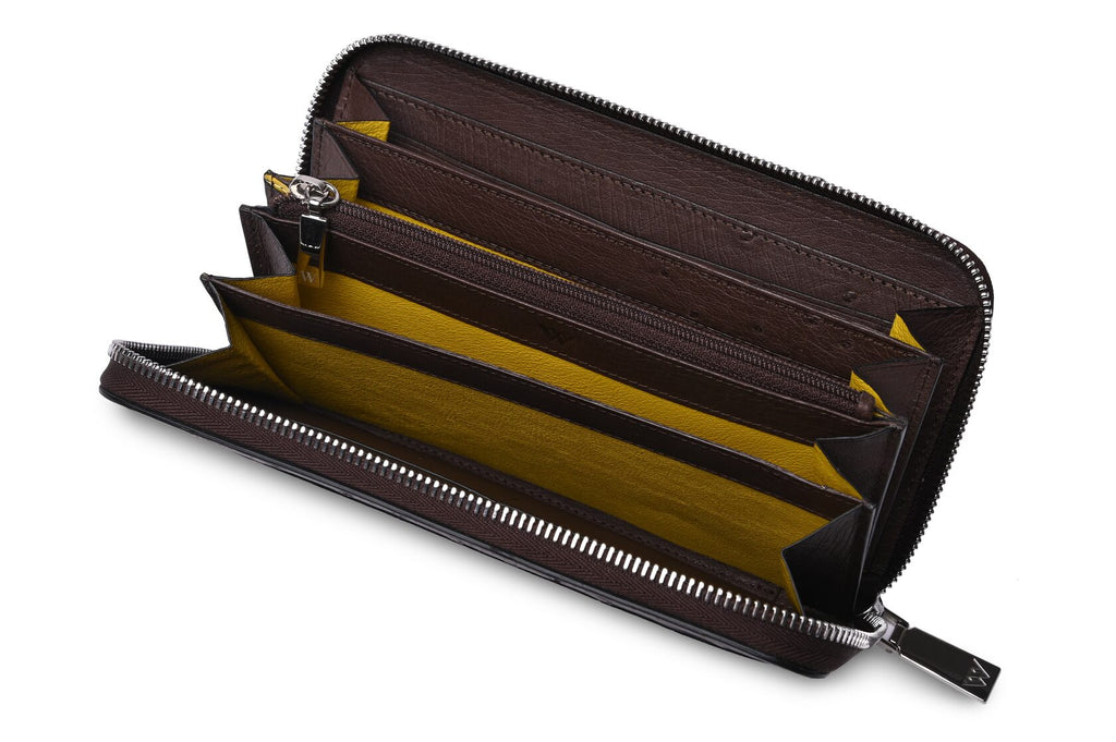 Virginia — Dark Brown African Ostrich Quill Leather Long Wallet Purse