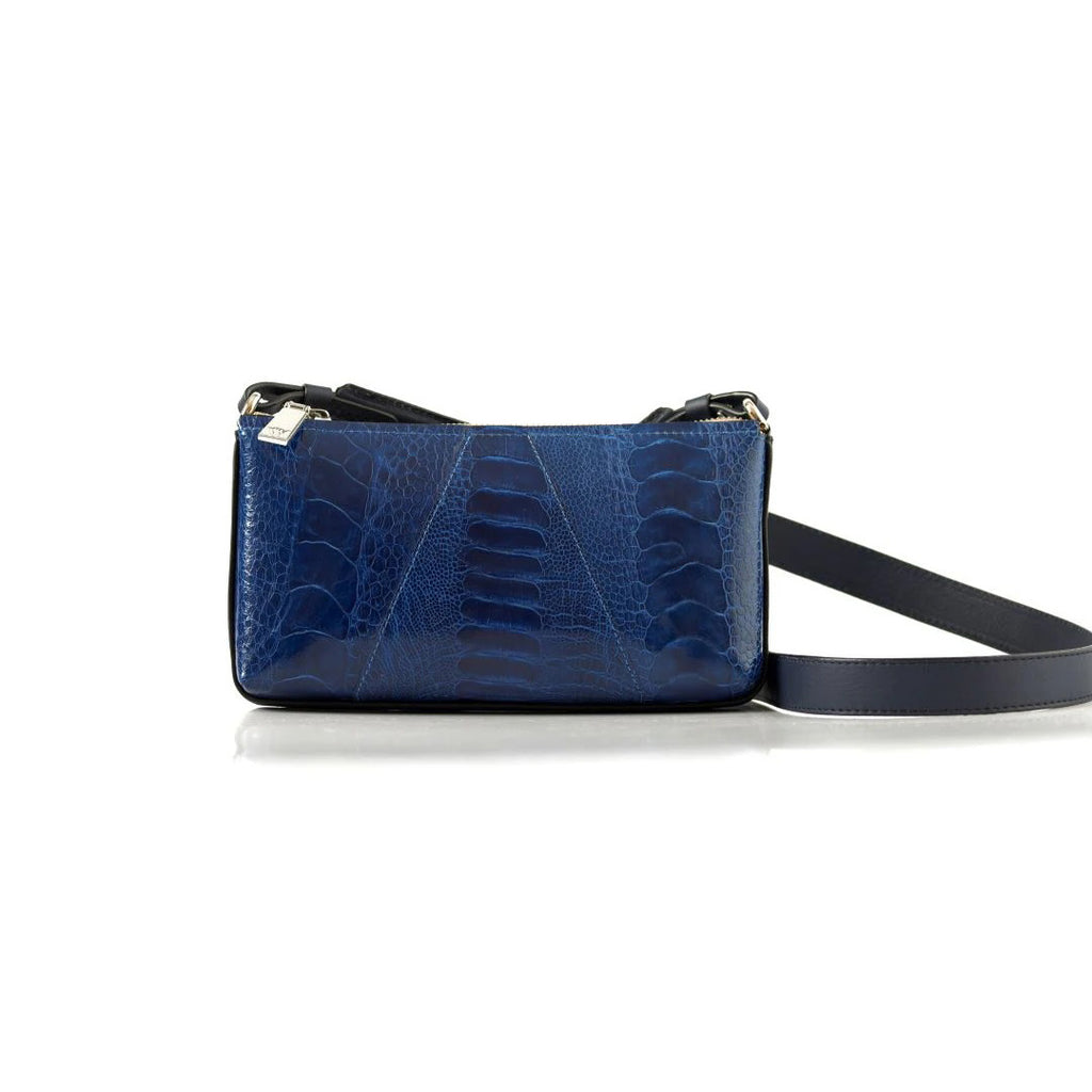 Los Angeles — Blue African Ostrich Leg Leather Crossbody Purse with Adjustable Strap