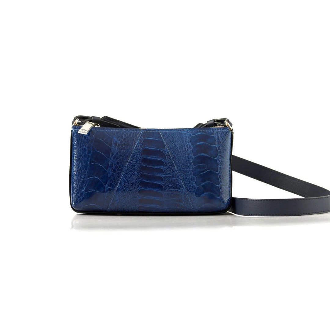 Los Angeles — Blue African Ostrich Leg Leather Crossbody Purse with Adjustable Strap