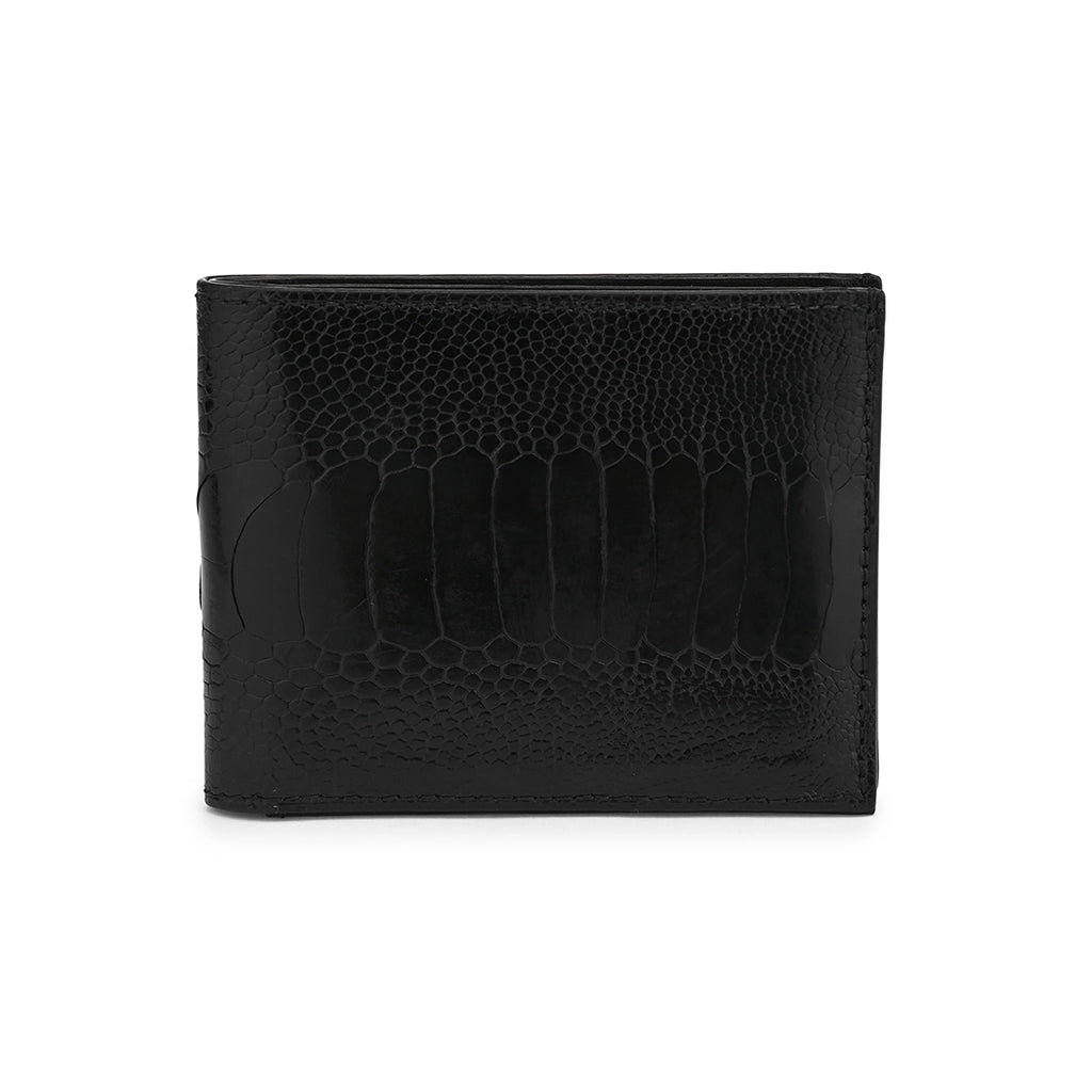A black bi-fold wallet made of ostrich leg leather with a textured pattern, featuring card slots and a cash compartment.
