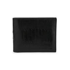 A black bi-fold wallet made of ostrich leg leather with a textured pattern, featuring card slots and a cash compartment.
