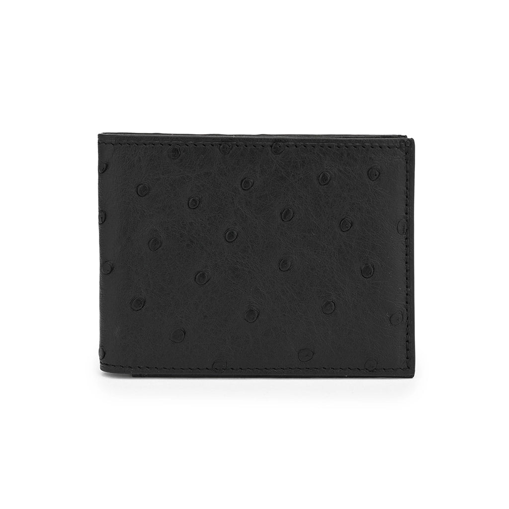 A black bi-fold wallet made of leather with a textured pattern and a visible logo embossed on the front.