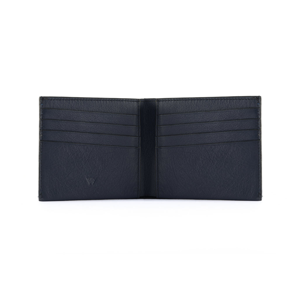 Black leather wallet open on a white background