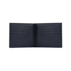 Black leather wallet open on a white background