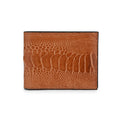 A bi-fold wallet with a brown ostrich leg leather surface and a visible textured pattern, featuring a black trim and a visible cash compartment.