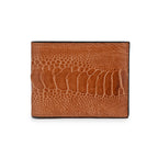 A bi-fold wallet with a brown ostrich leg leather surface and a visible textured pattern, featuring a black trim and a visible cash compartment.