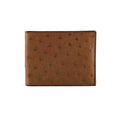 A brown bi-fold wallet with an ostrich-embossed texture, shown closed on a plain white background.