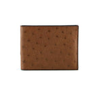A brown bi-fold wallet with an ostrich-embossed texture, shown closed on a plain white background.