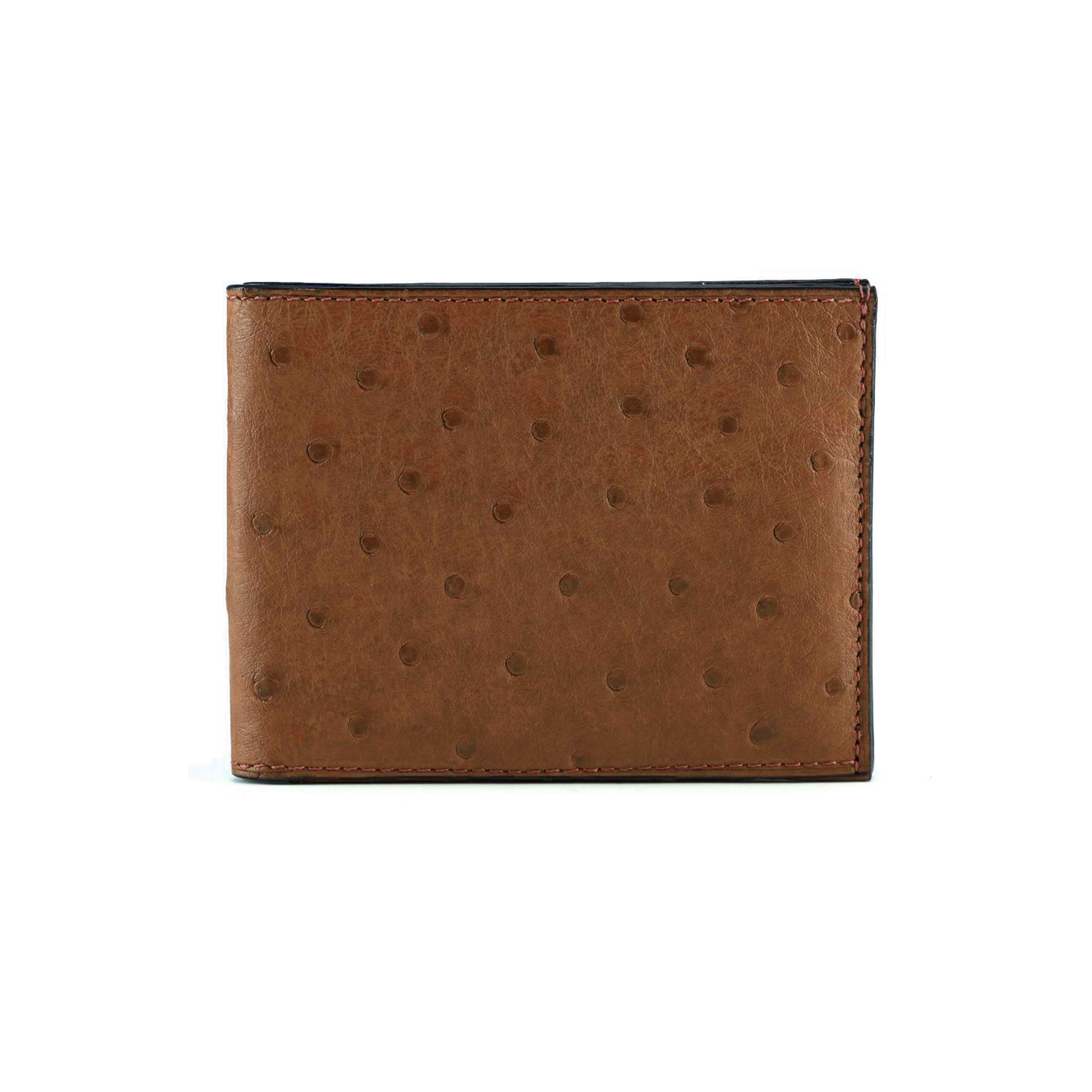 A brown bi-fold wallet with an ostrich-embossed texture, shown closed on a plain white background.