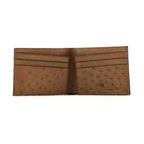 A brown leather bifold wallet with ostrich-embossed panels and card slots, shown open against a plain white background. A debossed 'W' logo is visible on the right panel.