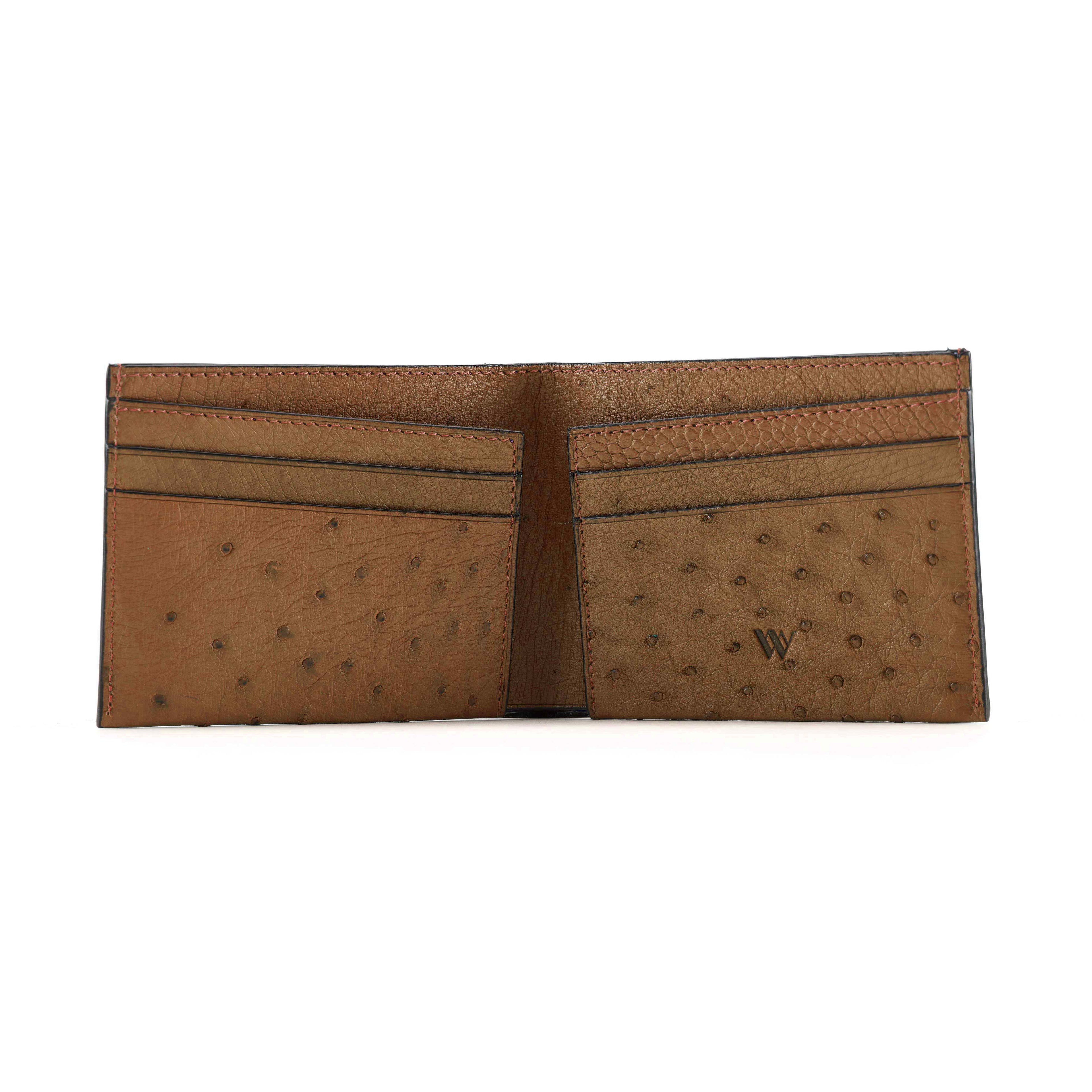 A brown leather bifold wallet with ostrich-embossed panels and card slots, shown open against a plain white background. A debossed 'W' logo is visible on the right panel.