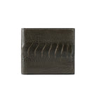Dark brown leather wallet with embossed design on a white background