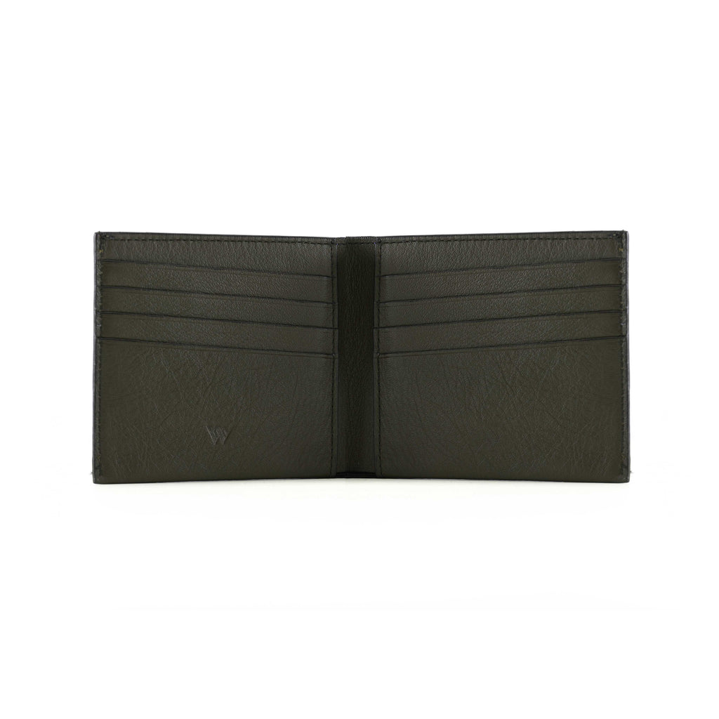 Black leather wallet open on a white background