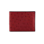 A red bi-fold wallet with an embossed ostrich leather texture, shown closed on a plain white background.