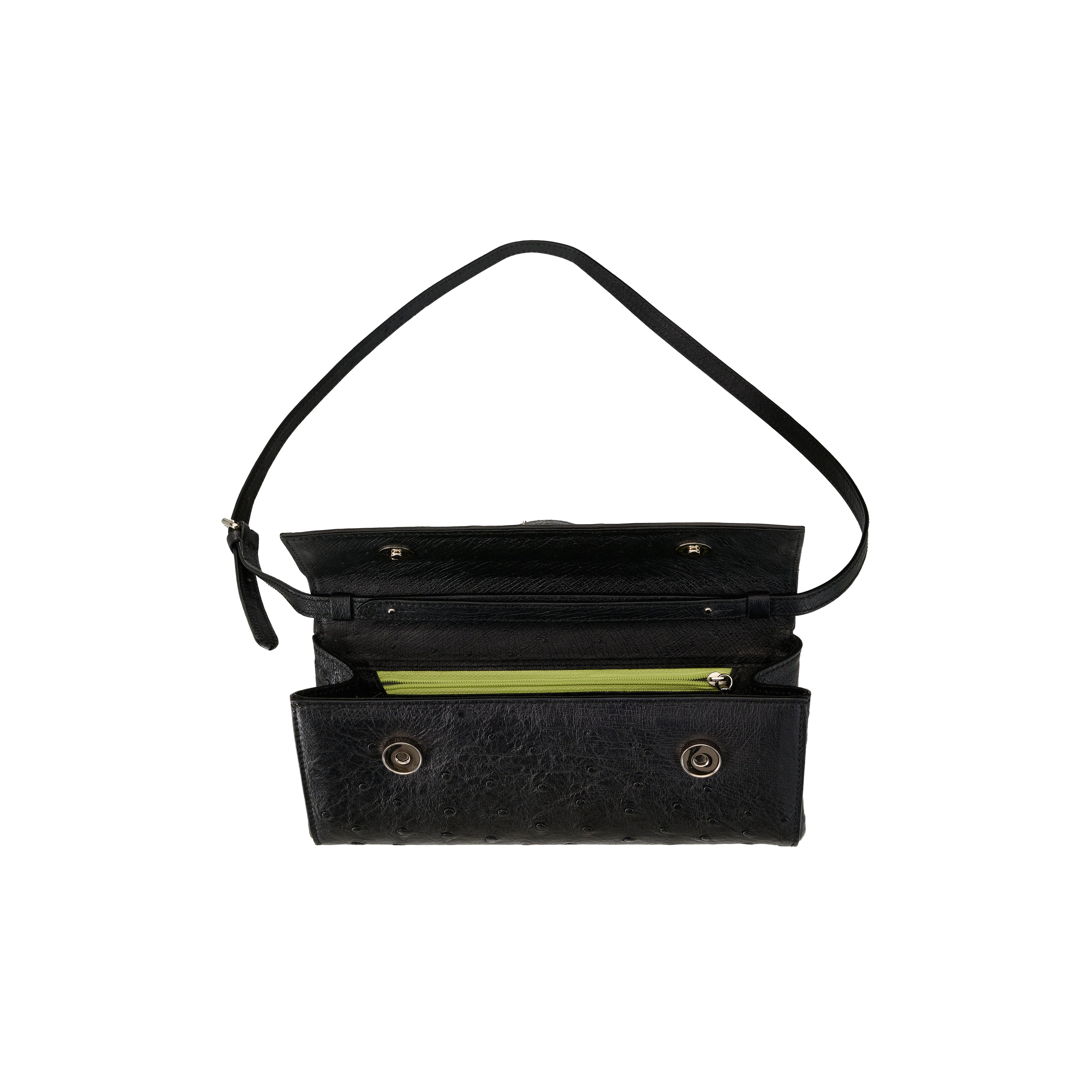 Black handbag with a strap on a white background