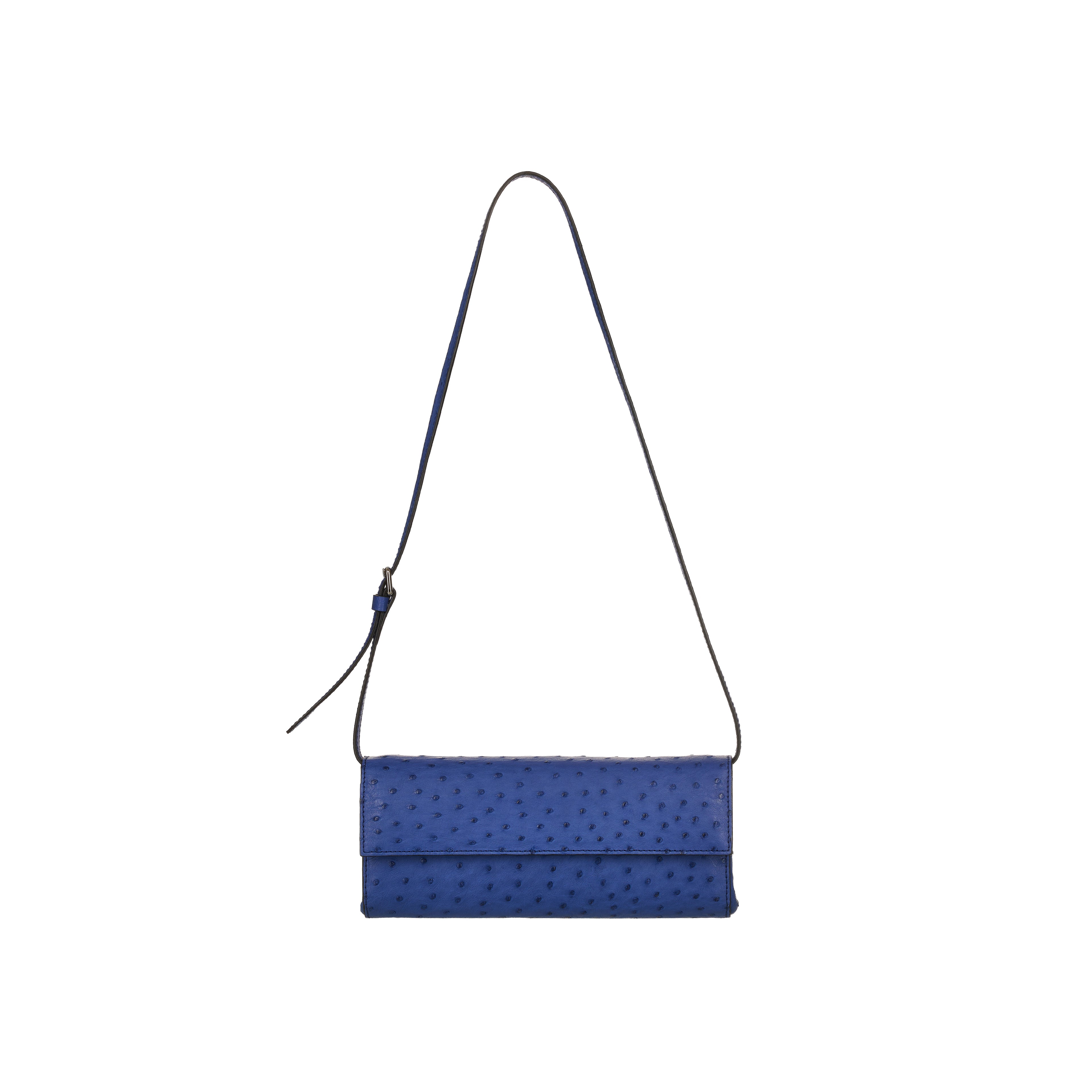 Blue clutch bag with a strap on a white background