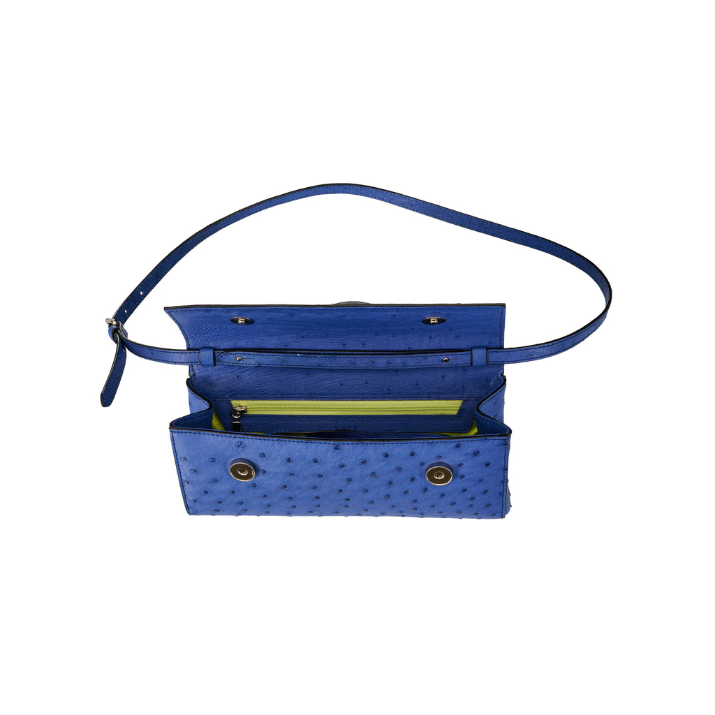 Blue handbag with a strap on a white background