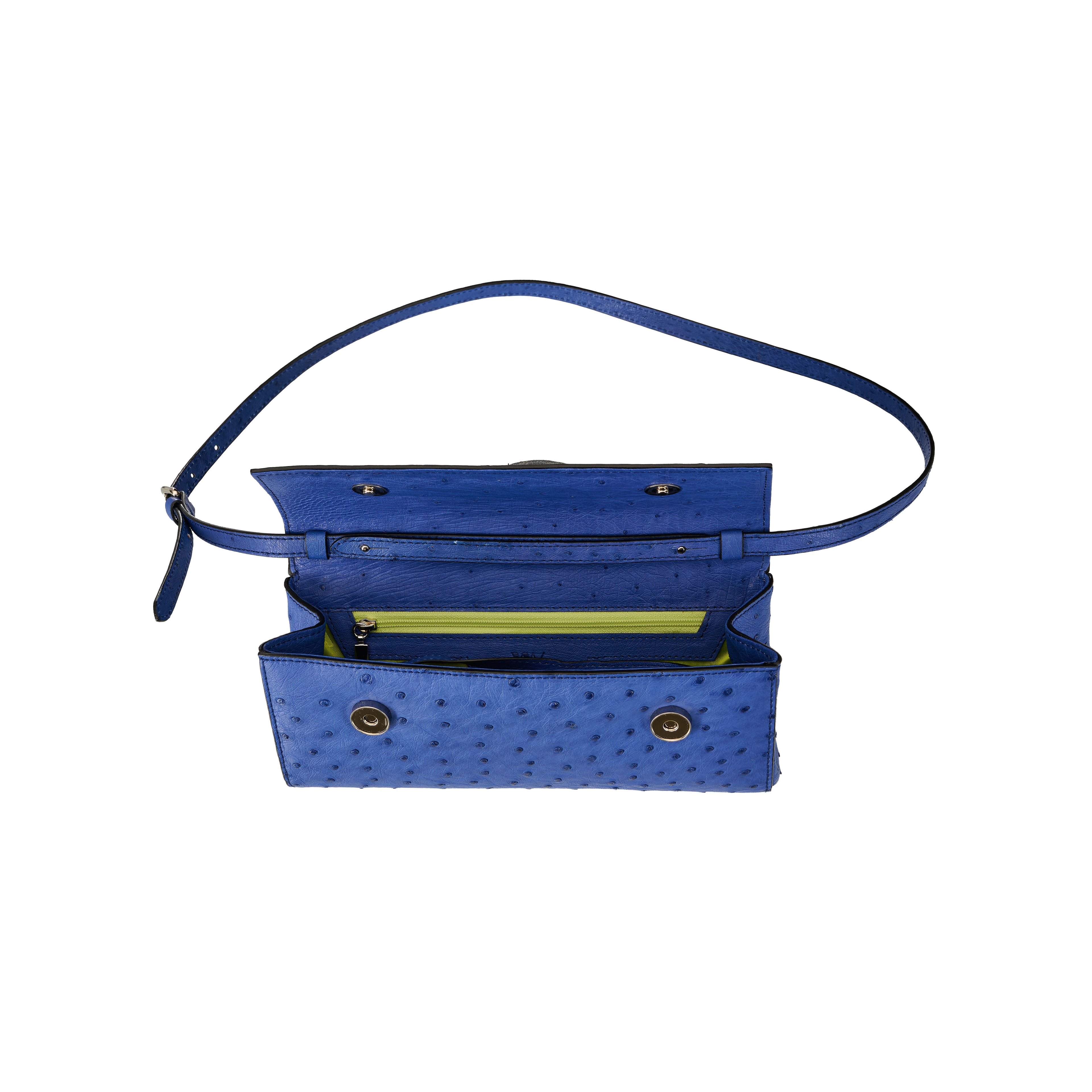 Blue handbag with a strap on a white background