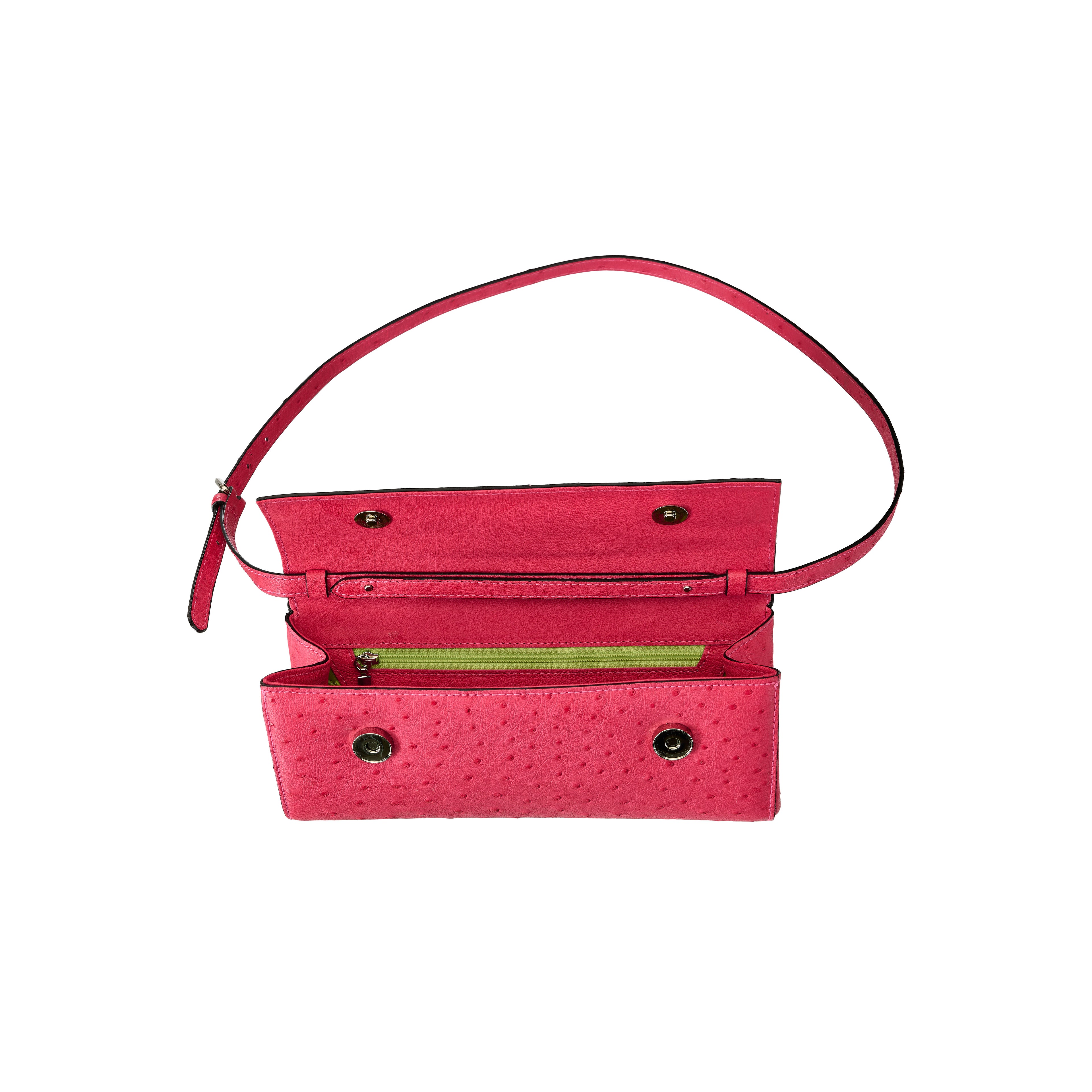 Pink handbag with a red strap on a white background