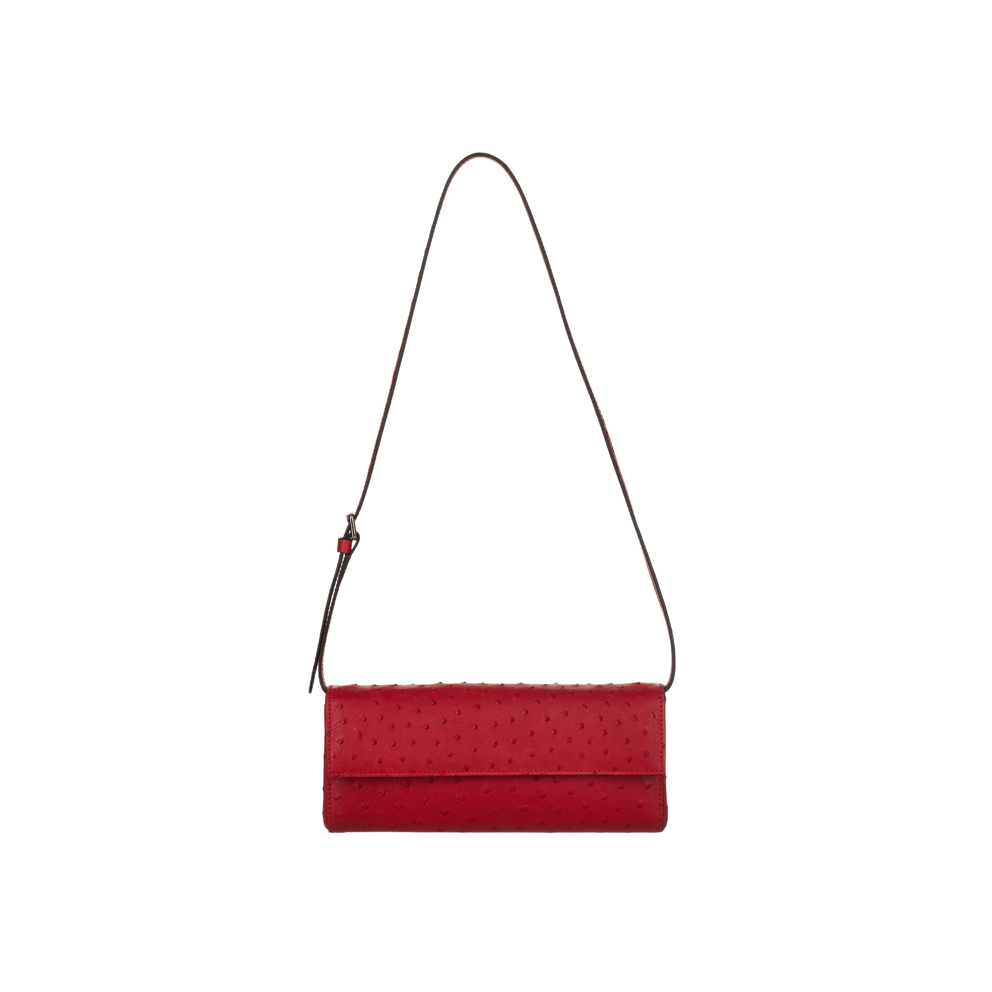 Red clutch bag with a strap on a white background